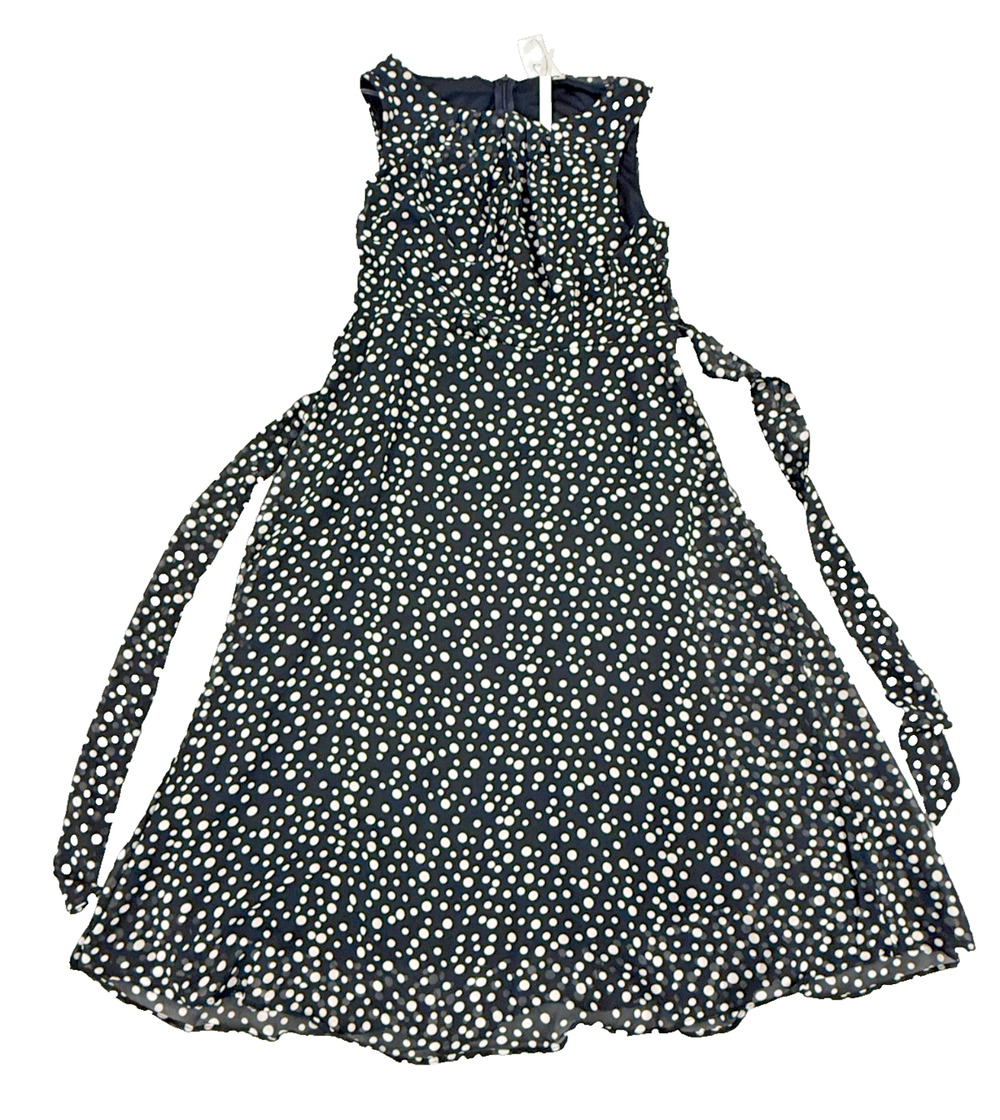 NY Collection Midi Dress Womens Large Petite Black Polka Dot Chiffon Belted NWT
